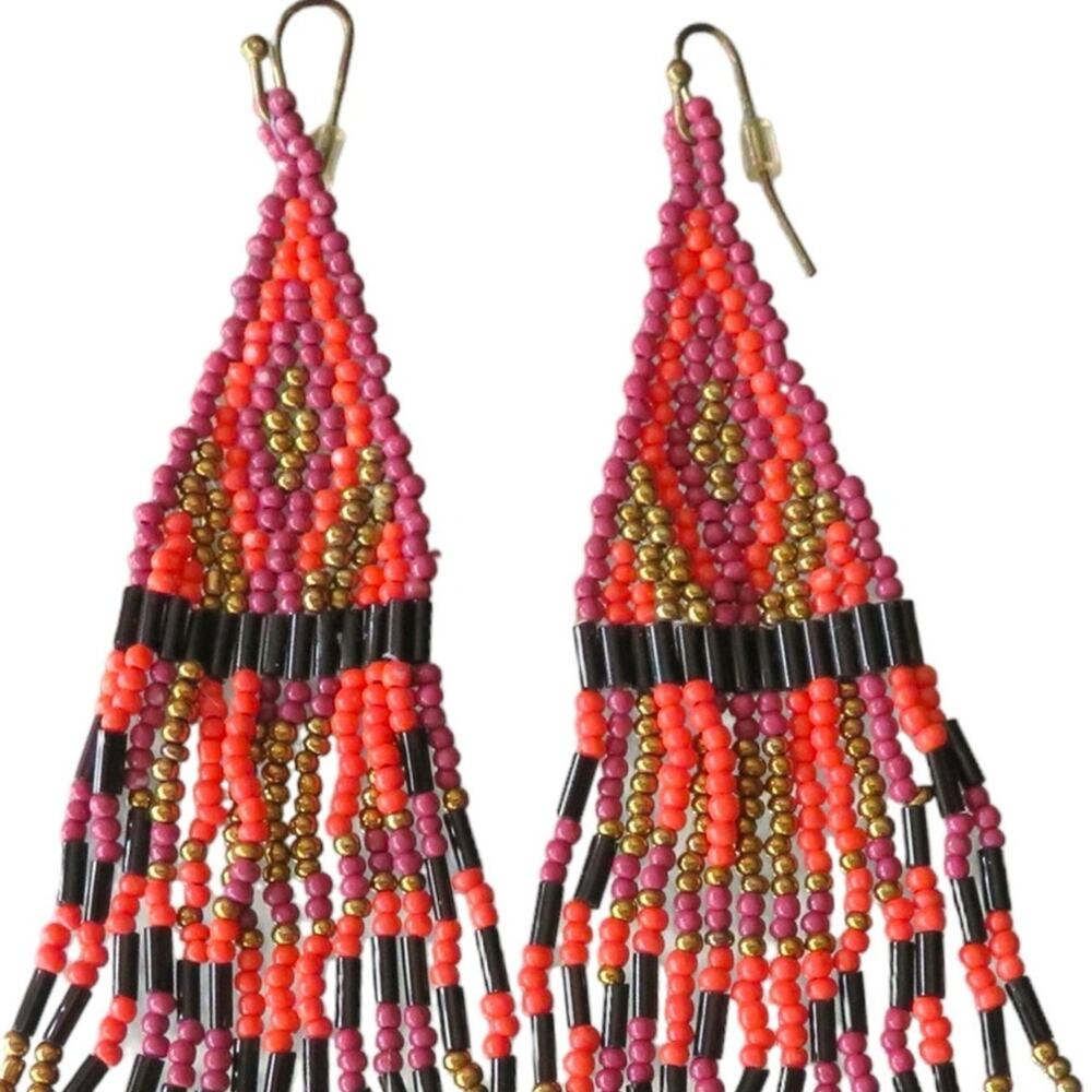 Boho Handmade OOAK Beaded Hanging Earrings Long Lightweight Pink Orange Black - Picture 4 of 10